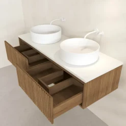 Meuble de salle de bain suspendu avec façade crantée, vasque(s) ronde(s) et miroir(s) ovales