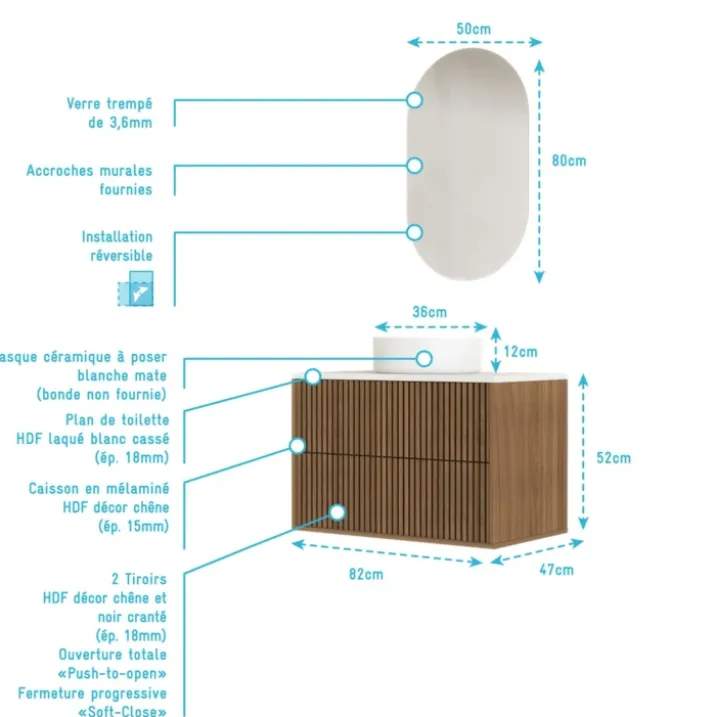 Meuble de salle de bain suspendu avec façade crantée, vasque(s) ronde(s) et miroir(s) ovales