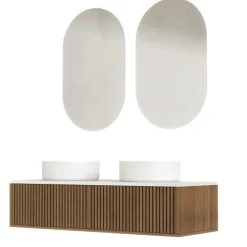 Meuble de salle de bain suspendu avec façade crantée, vasque(s) ronde(s) et miroir(s) ovales