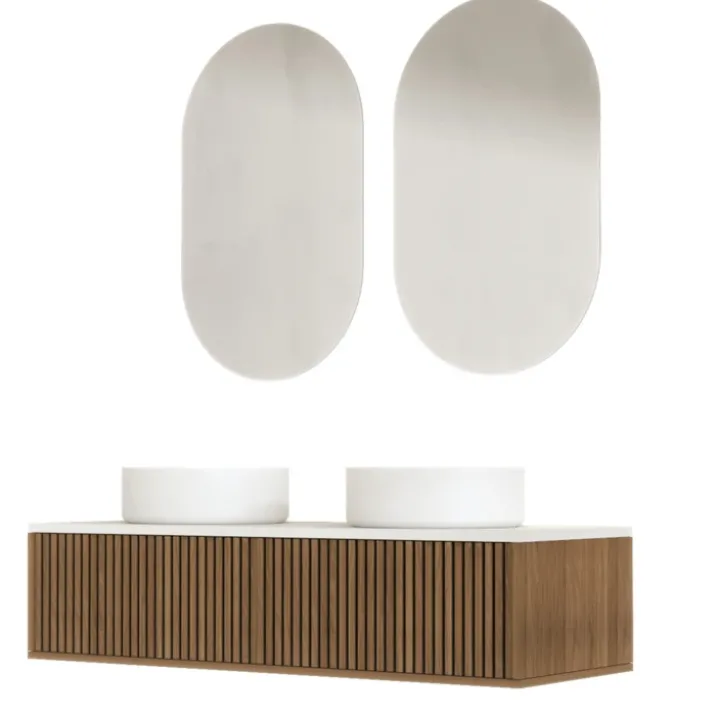 Meuble de salle de bain suspendu avec façade crantée, vasque(s) ronde(s) et miroir(s) ovales