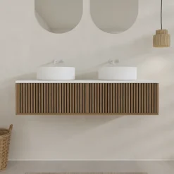 Meuble de salle de bain suspendu avec façade crantée, plan de toilette et vasque(s) à poser