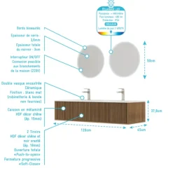 Meuble de salle de bain suspendu avec façade crantée, vasque(s) et miroir(s) LED