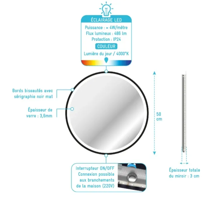 Miroir rond à leds