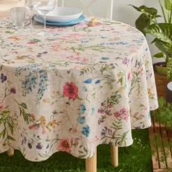 Nappe ronde en coton enduit anti-tache fleurs