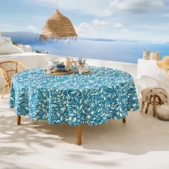 Nappe ronde en coton enduit feuillage abstrait