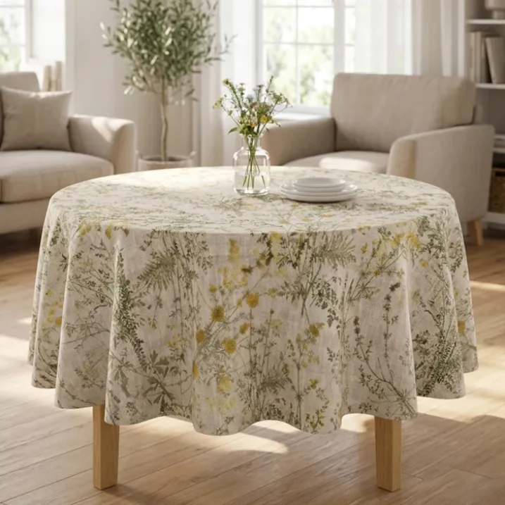 Nappe ronde en polycoton enduit anti-tache motif herbes