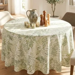 Nappe ronde en polycoton enduit anti-tache motif fougères