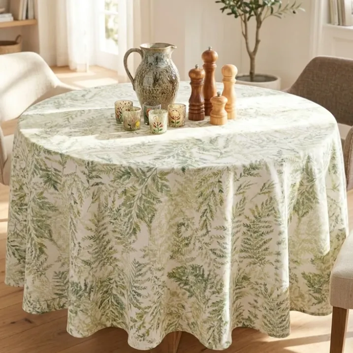 Nappe ronde en polycoton enduit anti-tache motif fougères