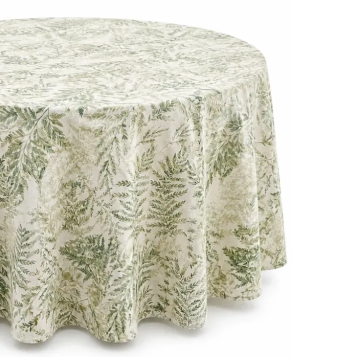 Nappe ronde en polycoton enduit anti-tache motif fougères