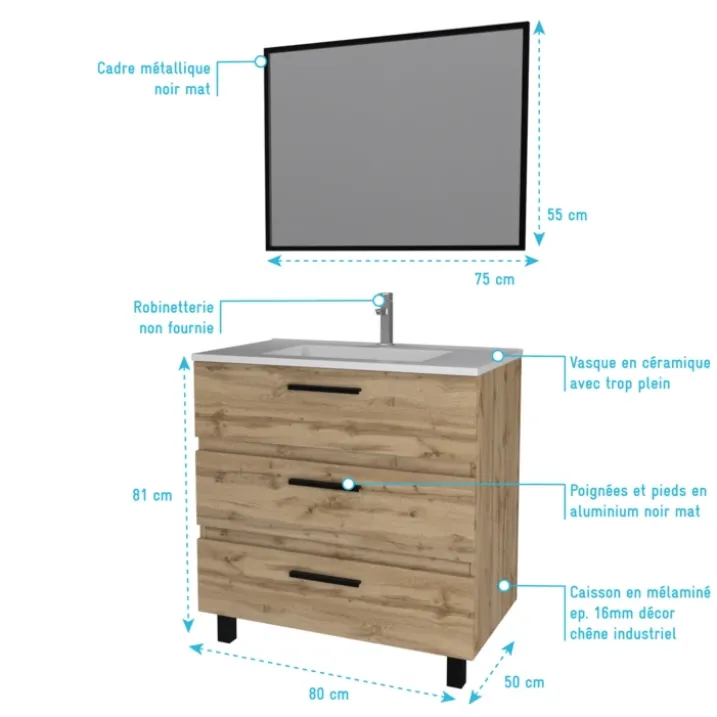 Pack caisson à tiroirs avec vasque et miroir