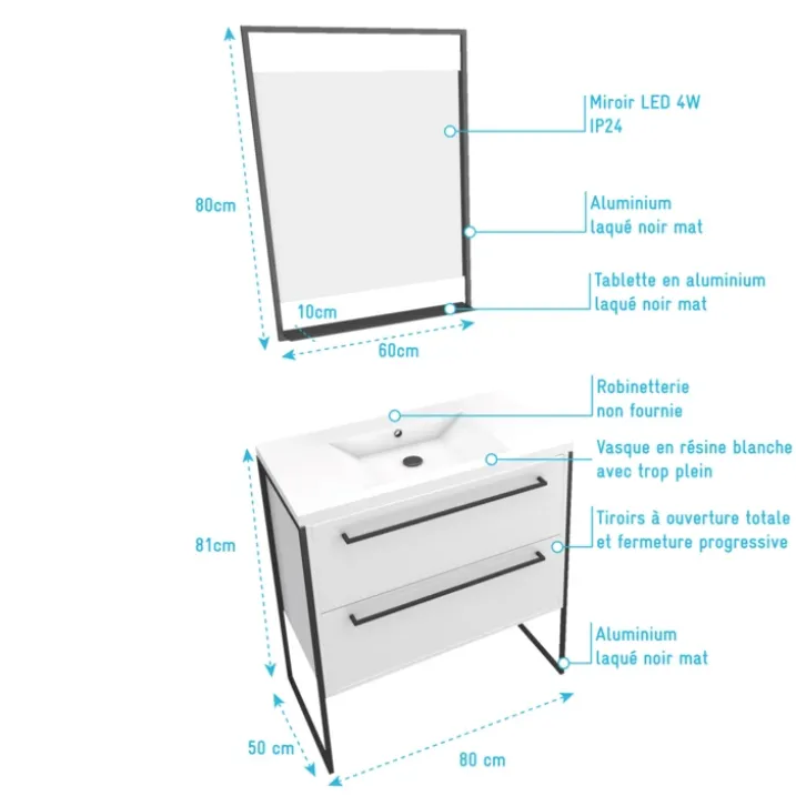 Pack caisson vasque et miroir à led