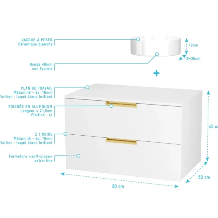 Pack meuble de salle de bains avec poignées or et vasque ronde