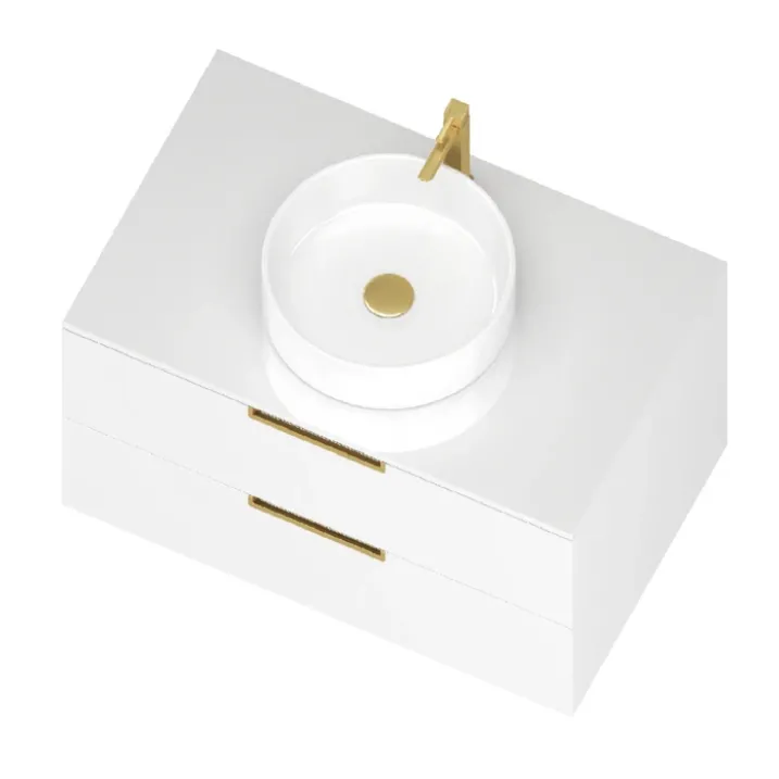 Pack meuble de salle de bains avec poignées or et vasque ronde