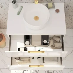Pack meuble de salle de bains avec poignées or et vasque ronde