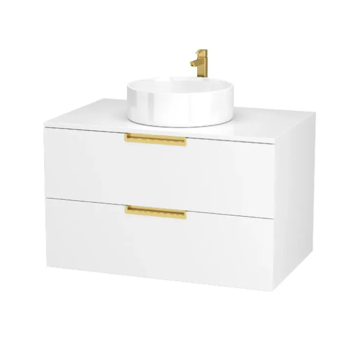 Pack meuble de salle de bains avec poignées or et vasque ronde