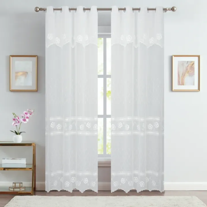 Paire voilages brodé fleurs pour baie vitrée