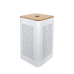 Panier à linge en métal blanc avec couvercle bois