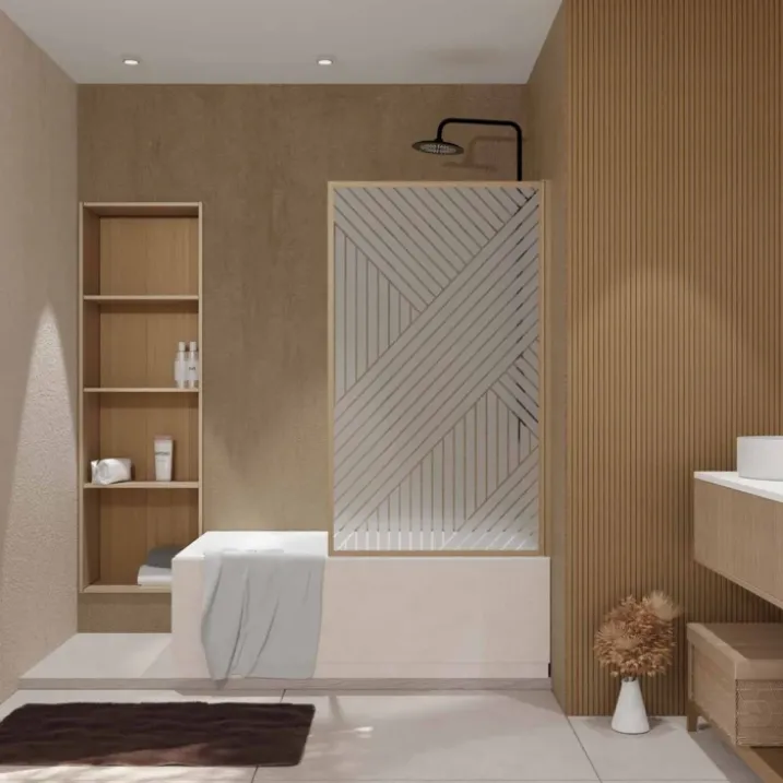 Pare-baignoire Japandi en verre sérigraphié motif géométrique