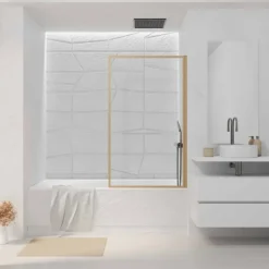 Pare-baignoire rabattable en verre trempé avec cadre aluminium effet bois