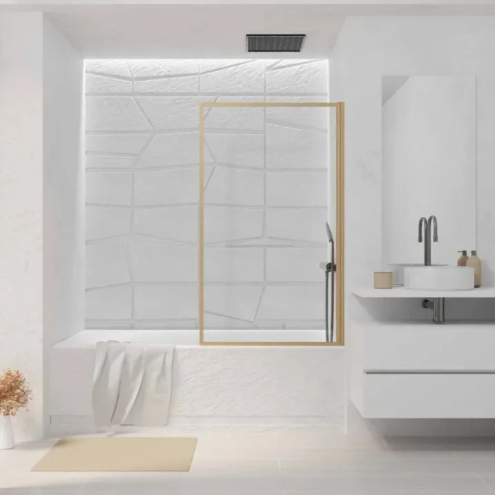 Pare-baignoire rabattable en verre trempé avec cadre aluminium effet bois