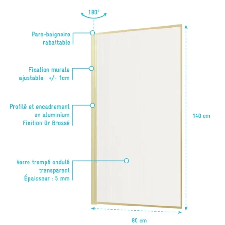 Paroi de douche en verre cannelé doré brossé