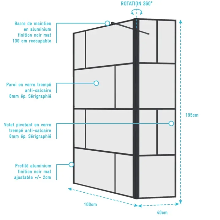 Paroi de douche sérigraphiée avec volet pivotant en verre trempé anticalcaire