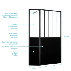 Paroi de douche verrière avec volet pivotant en verre trempé 5 mm