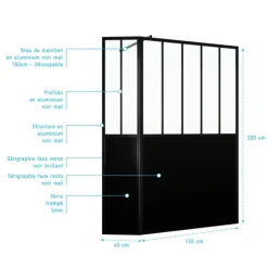 Paroi de douche verrière avec volet pivotant en verre trempé 5 mm