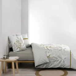 Parure de lit coton motif feuillage double face imprimée