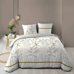 Parure de lit coton motif feuillage double face imprimée