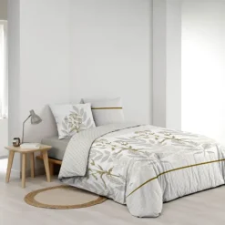 Parure de lit coton motif feuillage double face imprimée