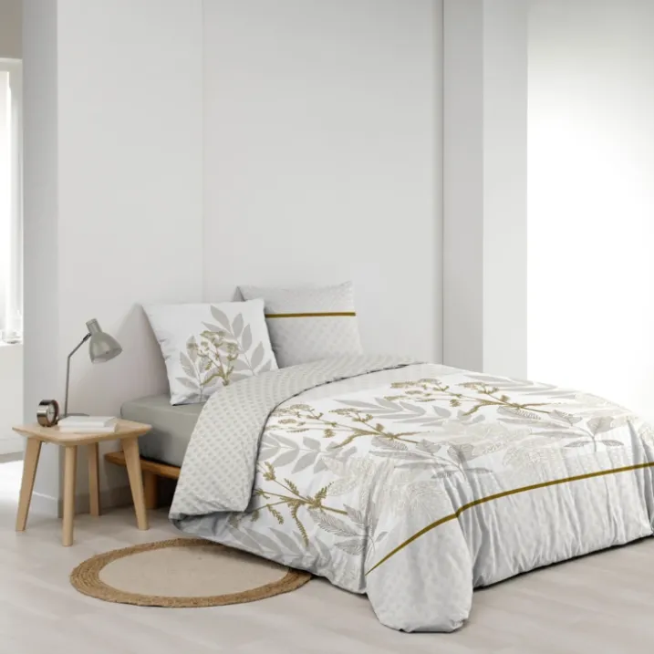 Parure de lit coton motif feuillage double face imprimée