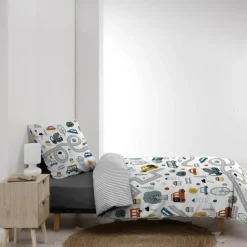 Parure de lit enfant réversible en coton motif véhicules et routes