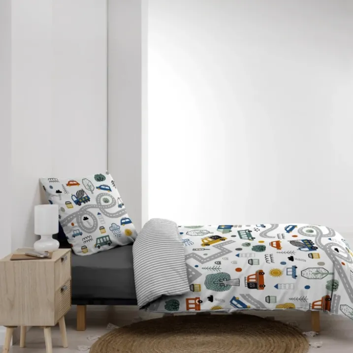 Parure de lit enfant réversible en coton motif véhicules et routes