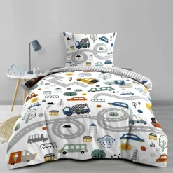 Parure de lit enfant réversible en coton motif véhicules et routes