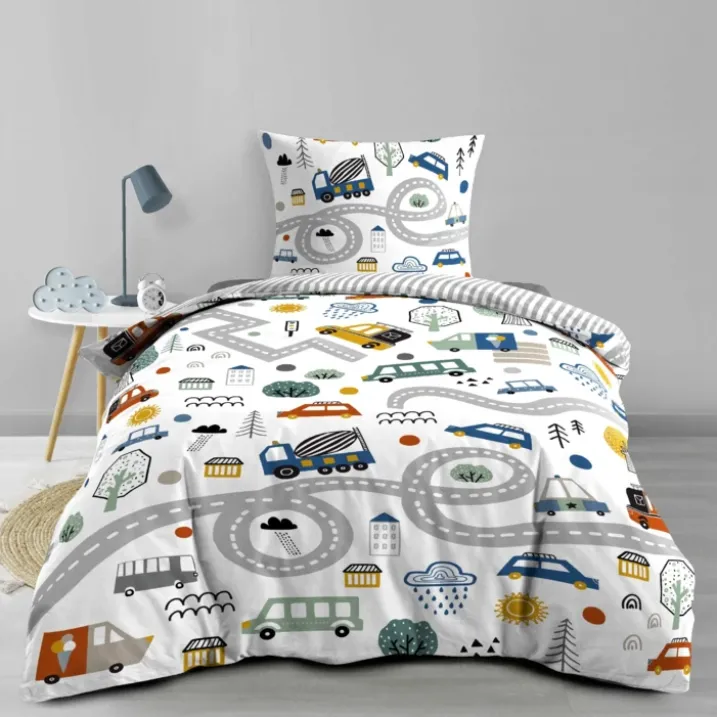 Parure de lit enfant réversible en coton motif véhicules et routes