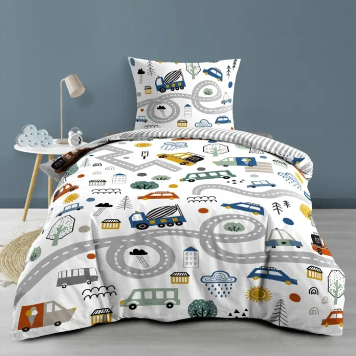 Parure de lit enfant réversible en coton motif véhicules et routes