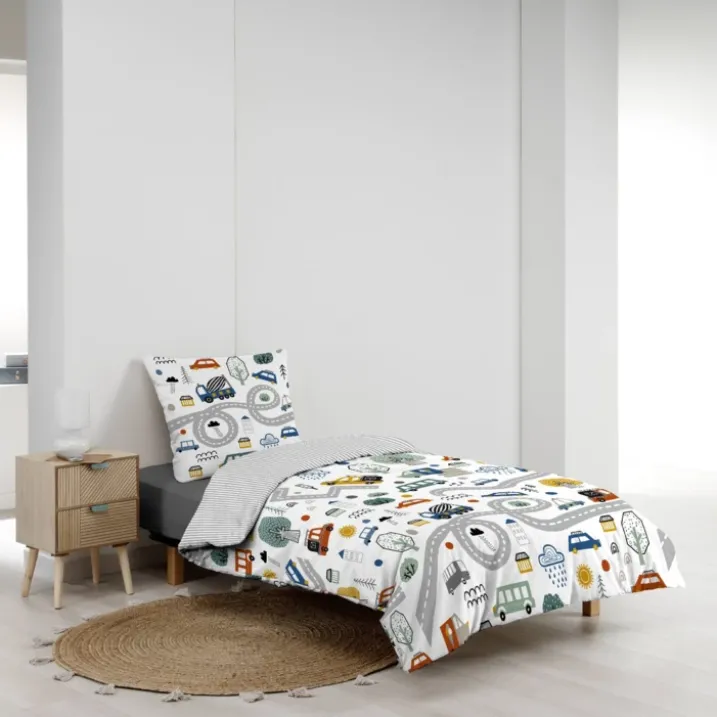 Parure de lit enfant réversible en coton motif véhicules et routes