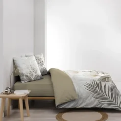 Parure de lit 3 pièces coton motif feuillage floral housse + 2 taies