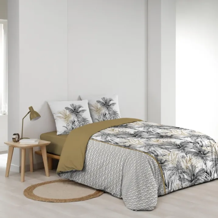 Parure de lit 3 pièces coton motif palmiers housse + 2 taies