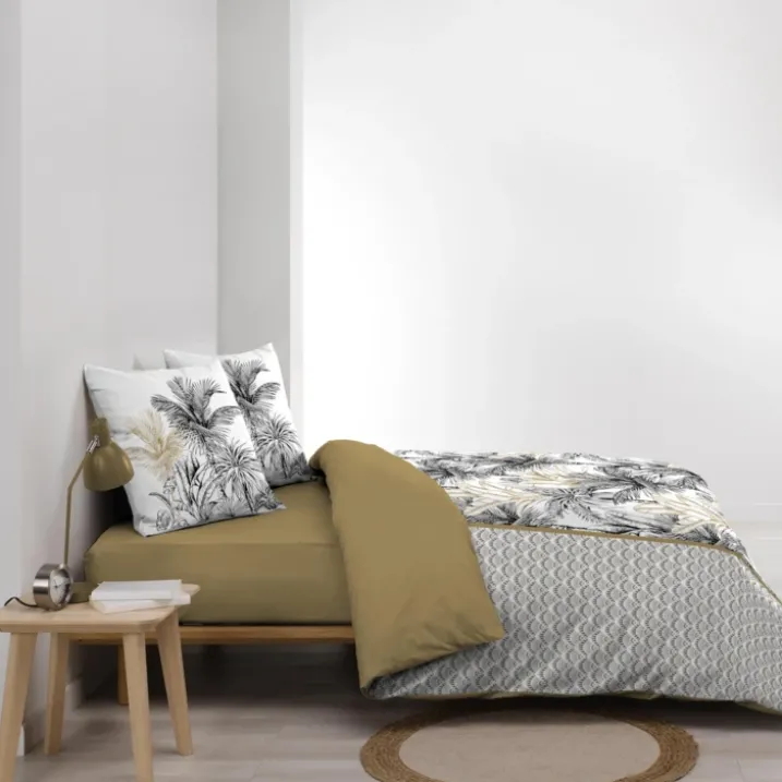 Parure de lit 3 pièces coton motif palmiers housse + 2 taies