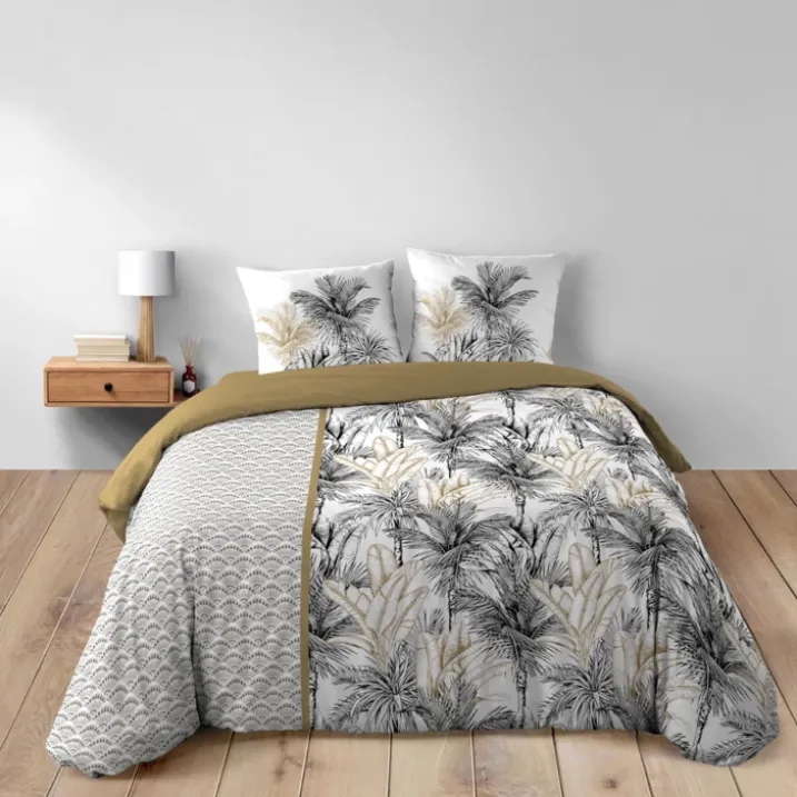 Parure de lit 3 pièces coton motif palmiers housse + 2 taies