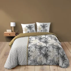 Parure de lit 3 pièces coton motif palmiers housse + 2 taies