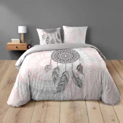 Parure de lit 3 pièces coton motif attrape-rêves housse + taies