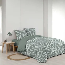 Parure de lit 3 pièces en coton feuille design housse + taies