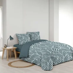 Parure de lit 3 pièces en coton feuille design housse + taies