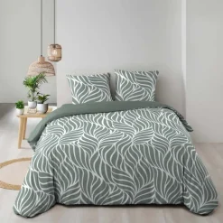 Parure de lit 3 pièces en coton feuille design housse + taies