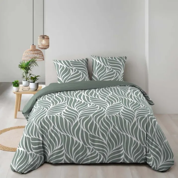 Parure de lit 3 pièces en coton feuille design housse + taies