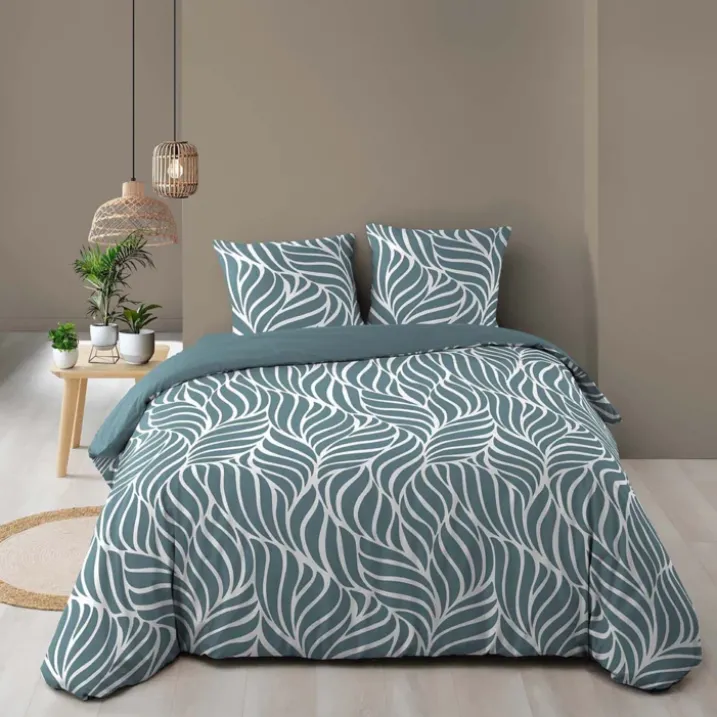 Parure de lit 3 pièces en coton feuille design housse + taies