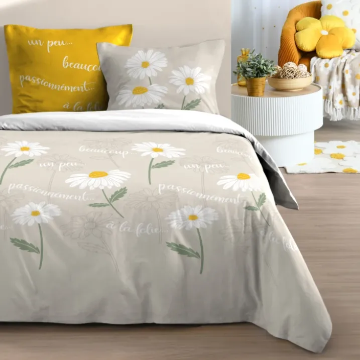 Parure de lit 3 pièces en coton marguerites housse + taies